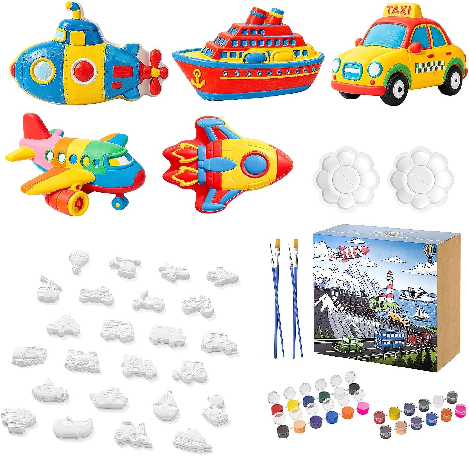 GloomGlo 24Pcs Transport Plaster Paint Kit, Kids Vehicle DIY Craft | Unpainted plaster vehicle ornaments, non-toxic, paint, brushes & palettes, great birthday craft gifts for kids & adults