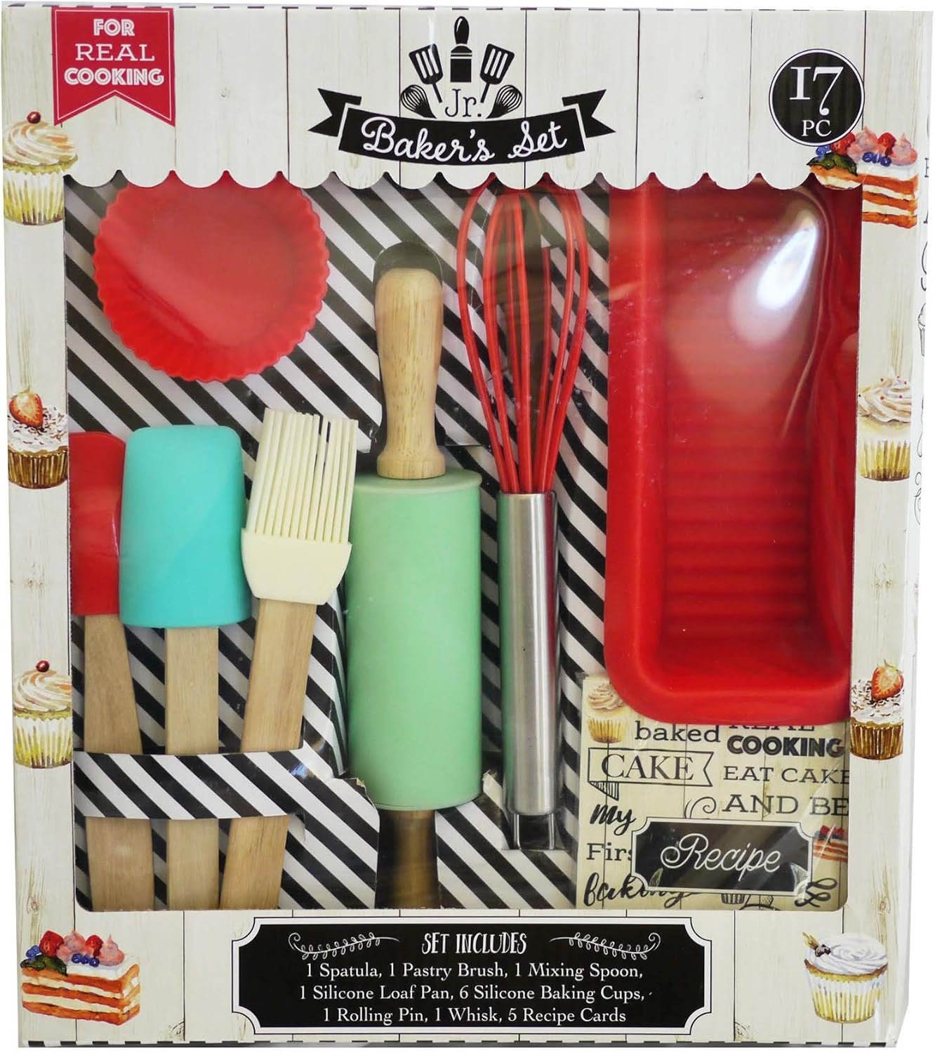 Junior Baking Set – 17 Pieces with Recipes for Kids | Dishwasher Safe, Family Activity, Sturdy for Everyday Use, Silicone Cupcake Liners, Loaf Pan, Spatula and More