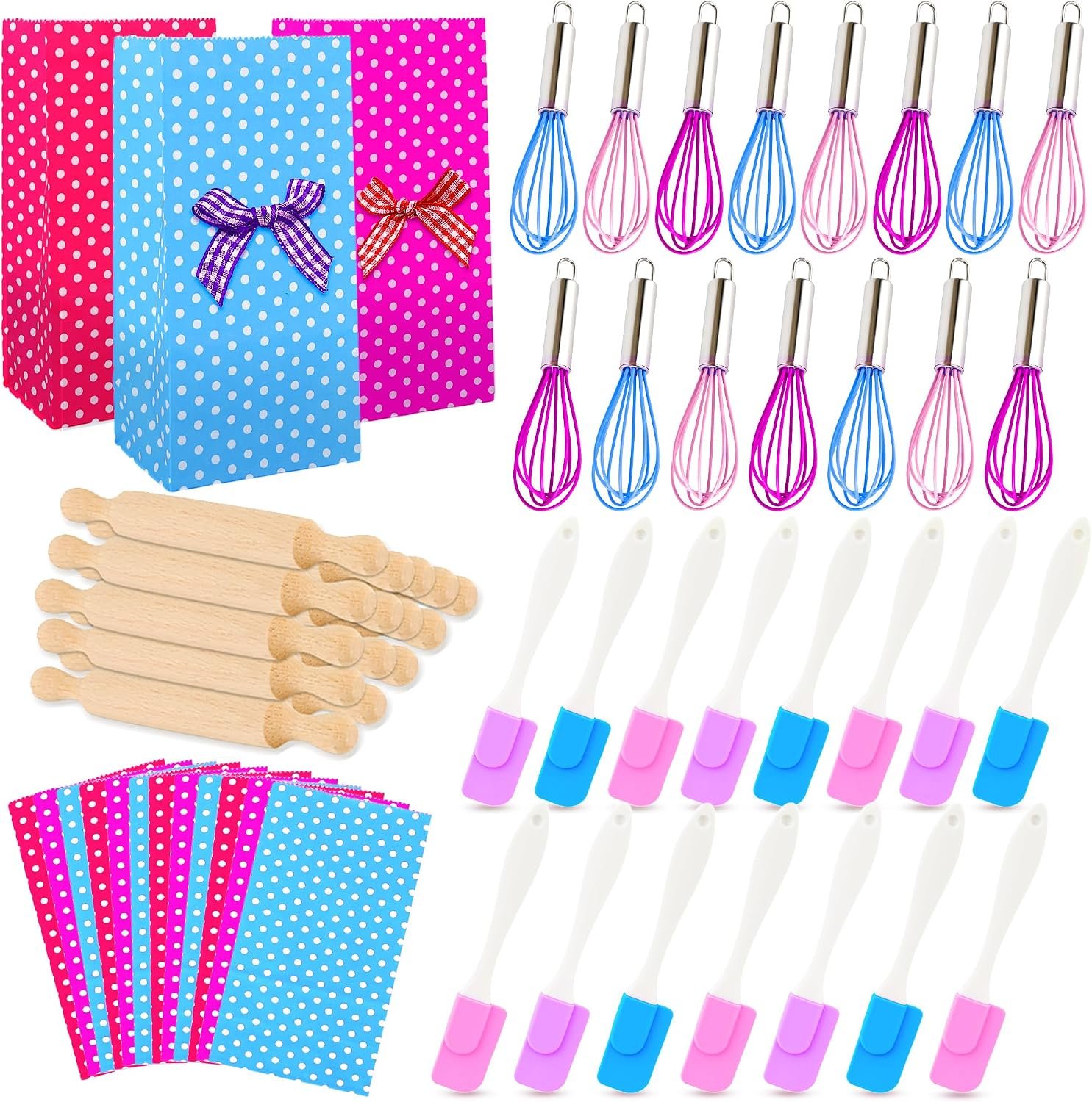 60 Pcs Kids Mini Baking Supplies with 15 Wood Rolling Pin 15 Whisk 15 Spatula 15 Gift Bags for Kids Classroom School Exchange Real Cooking Games Prize Cooking Party Favors Beginners