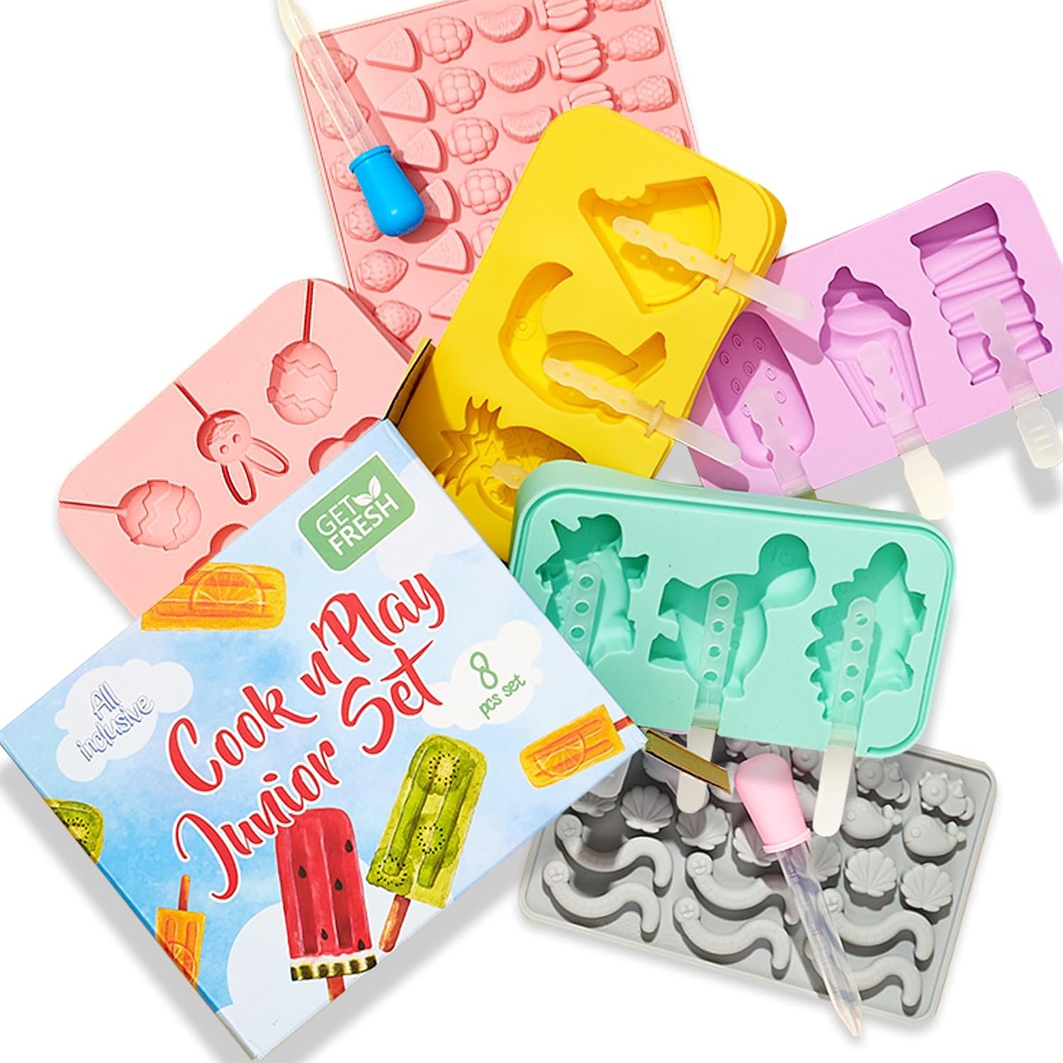 GET FRESH Kids Cooking Ice Cream and Candy Making Tool Set – 8-PCS Silicone Lollipop Jelly Candy Gummy Ice Cream Molds for Kids – Dino& Fruit Silicone Ice Cream Molds – Cooking Kit 3 4 5 6 7 8 Years
