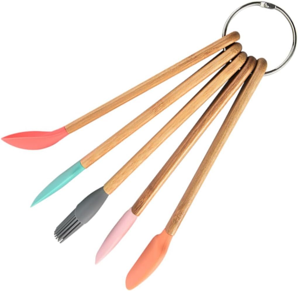 Kids Silicone Baking Kit 5-Piece Colorful Set Wooden Handles Includes Spatulas Scraper and Brush Baking Tools for Children