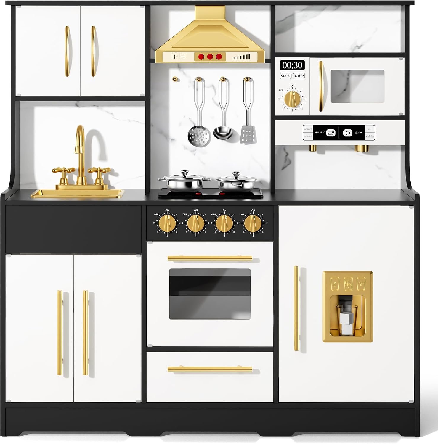 Kinder King Wooden Kids Play Kitchen, Cookware Accessories, Storage, Black
