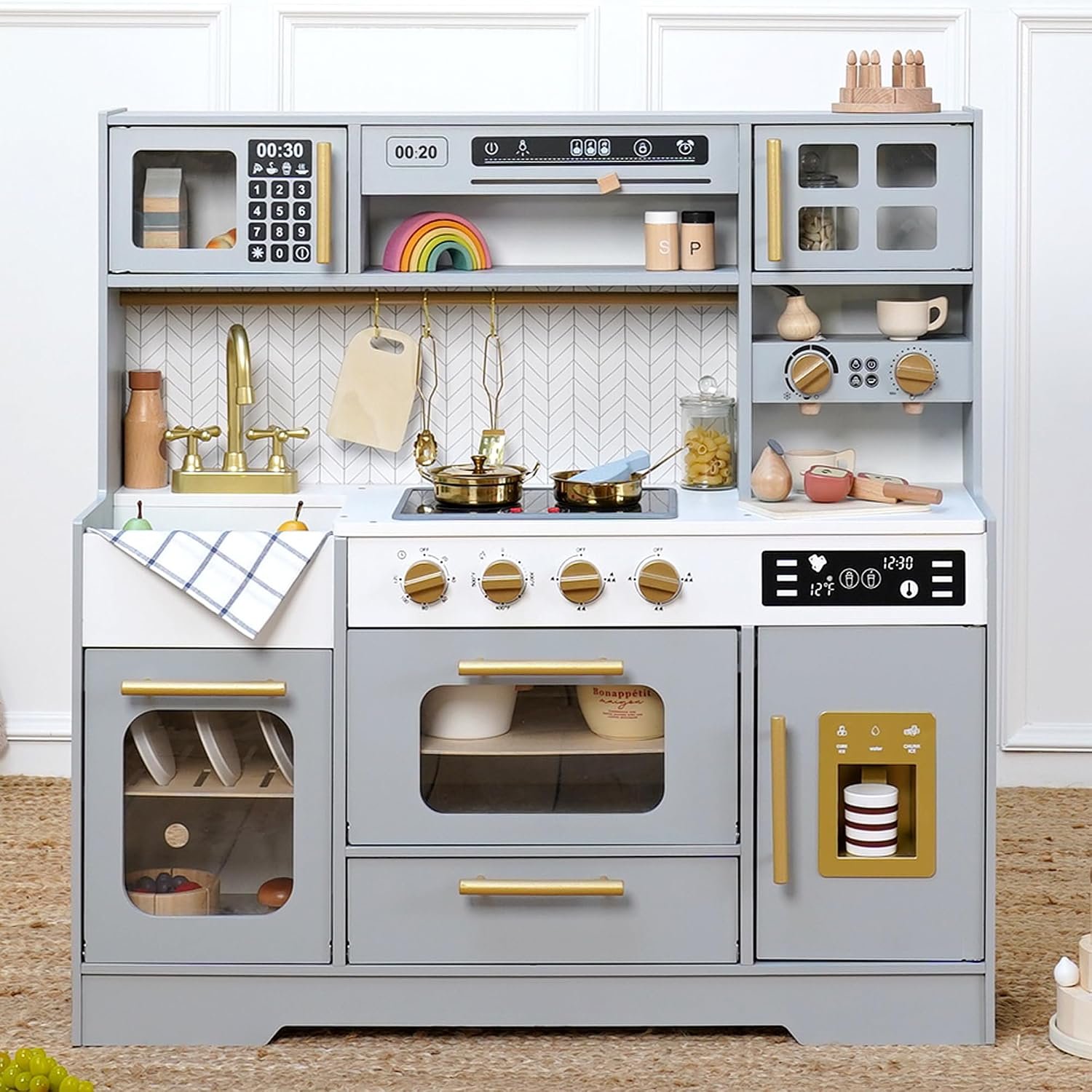 Wooden Play Kitchen for Kids with Coffee Bar and Ice Dispenser, Gray