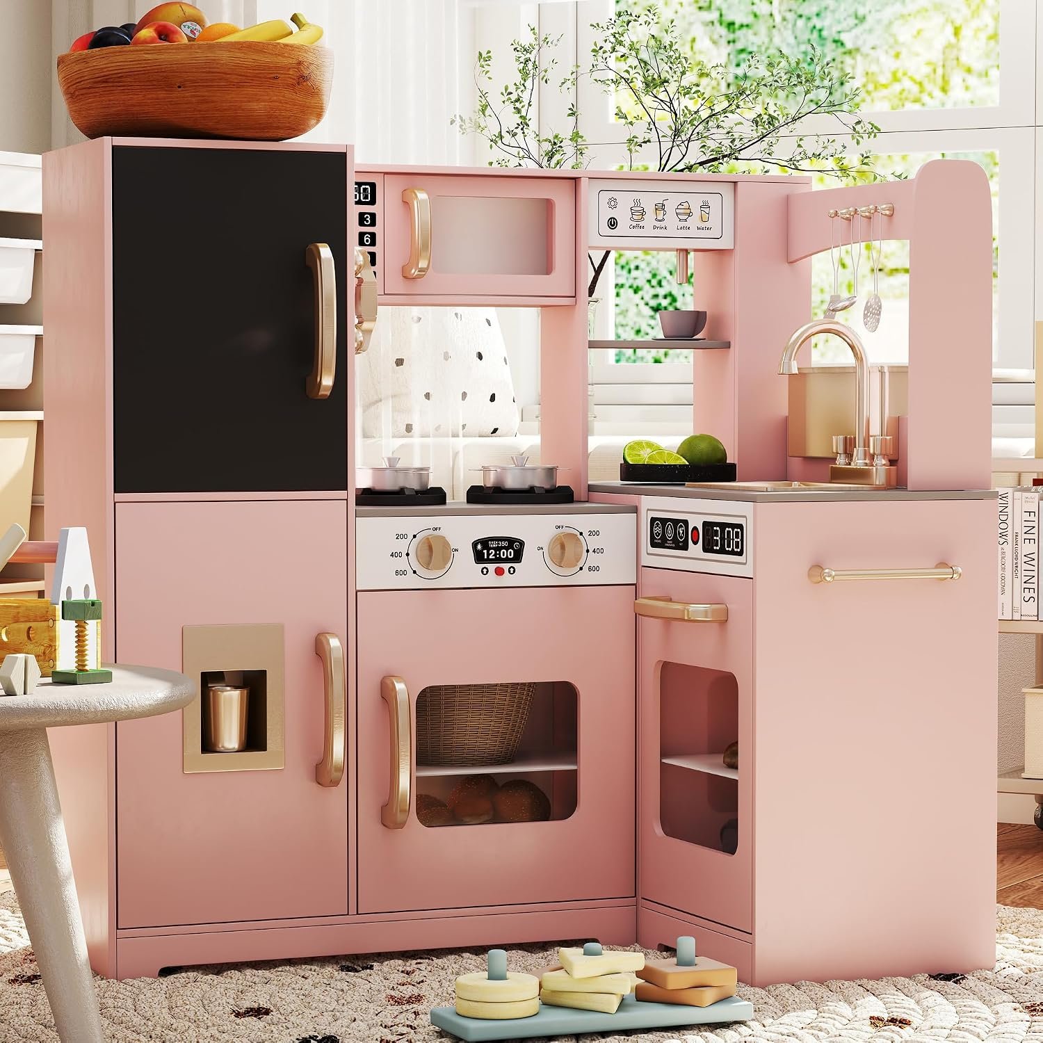 TaoHFE Pink Corner Play Kitchen with Lights,Kitchen Set for Kids Ages 4-8